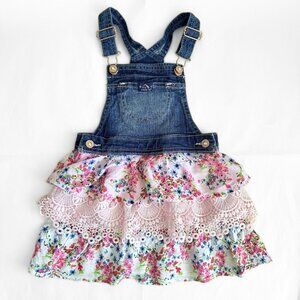 VTG Girl 4T Jordache Denim Blue Jean Overall Dress Pink Ruffle Frilly Jumper 90s